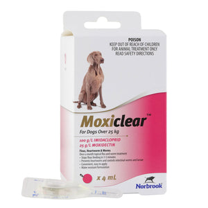 Moxiclear packaging for dogs over 25 kg with a brown dog illustration on a white background at Pt Servo