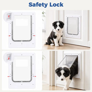 A product collage titled 'Safety Lock' showing a white pet door with a clear flap in two states: closed and open, plus a black-and-white puppy demonstrating use in a home setting at Pet Servo