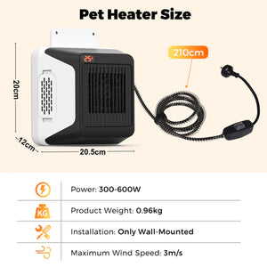 Pet heater with dimensions, power rating, weight, installation details, and maximum wind speed on a beige background at Pet Servo