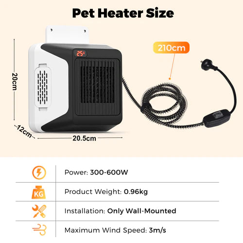 Pet heater with dimensions, power rating, weight, installation details, and maximum wind speed on a beige background at Pet Servo