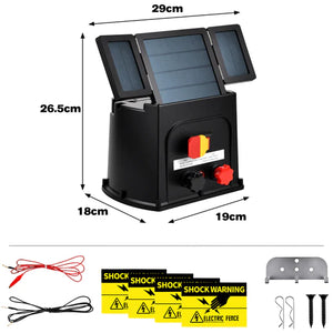 Solar-powered electric fence energizer with dimensions and accessories on a white background