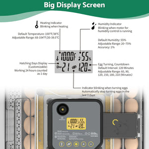 Egg incubator with digital display showing various indicators and settings.