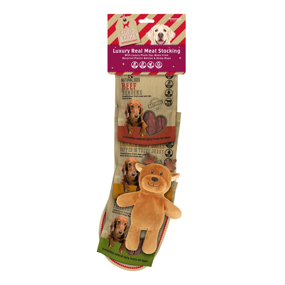 Rosewood - Luxury Natural Eats Dog Stocking with Rope Reindeer Toy - Pet Servo