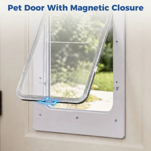A clear plastic pet door with a white frame mounted on a beige door, with a blue graphic indicating magnetic closure. The text 'Pet Door With Magnetic Closure' is displayed at the top at Pet Servo