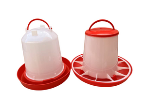 Two red and white poultry feeders on a white background at Pet Servo