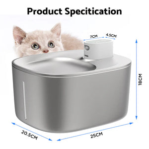 Cat water fountain with dimensions and a kitten peeking out at Pet Servo
