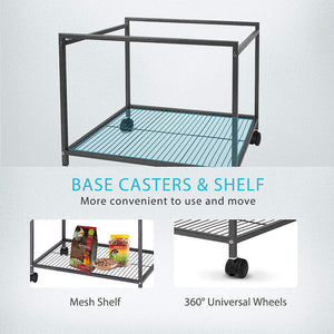 Metal rolling cart with mesh shelf and base casters on a light gray background