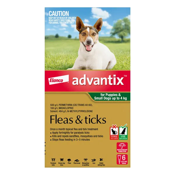 Advantix flea and tick treatment 6 peace packaging for puppies and small dogs with a dog on a grassy field background at Pet Servo