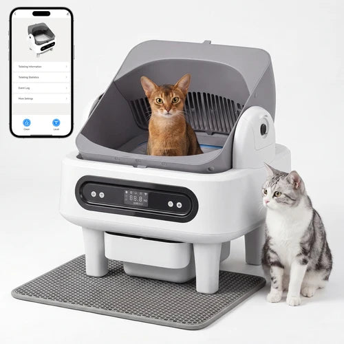 Pet litter box with two cats and a smartphone displaying an app interface at Pet Servo