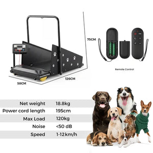 Dog treadmill with remote control, dimensions, and specifications displayed on a white background at Pet Servo