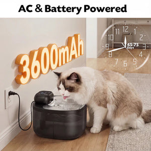 Cat drinking water from a black pet fountain with 'AC & Battery Powered' text and 3600mAh label at Pet Servo