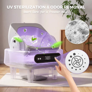 UV sterilization and odor removal device with hand pointing at it, indoor setting at Pet Servo