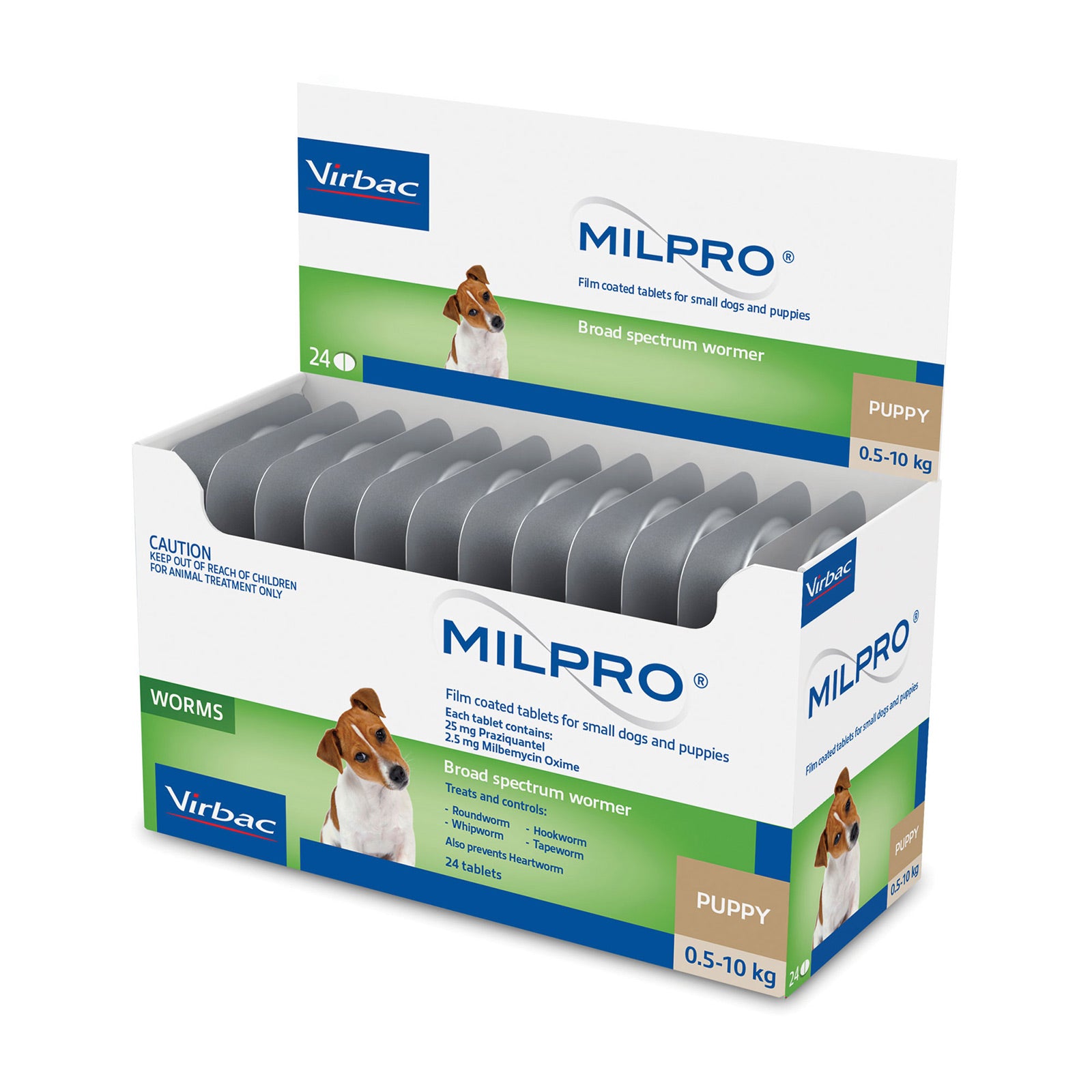 Box of Virbac Milpro puppy wormer tablets on a white background at Pet Servo