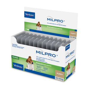 Box of Virbac Milpro puppy wormer tablets on a white background at Pet Servo