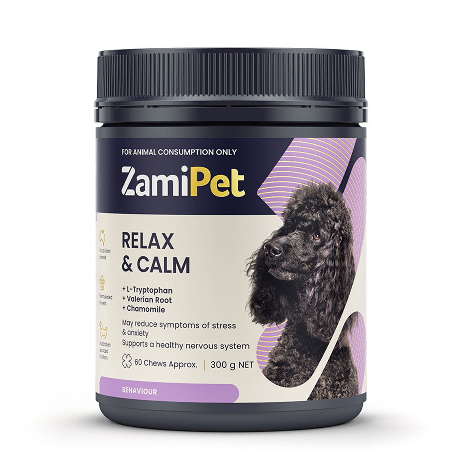 ZamiPet relax and calm 60 chews supplement container with a black dog on a white background at Pet Servo