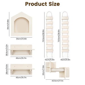 Product size chart showing multiple dimensions of a cream-colored cat tree and accessories on a white background, with labels indicating measurements in centimeters and inches at Pet Servo