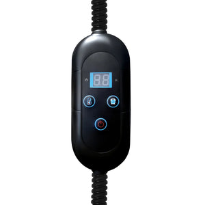 Black electronic device with digital display and buttons on a white background