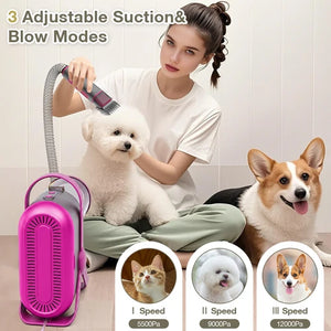 A pet hair remover vacuum cleaner in bright pink and gray is shown with a woman grooming two dogs, a white Pomeranian and a brown Corgi, in an indoor setting. The image includes text overlays explaining the adjustable suction and blow modes, and three circular insets showing different dog breeds and pressure levels at Pet Servo