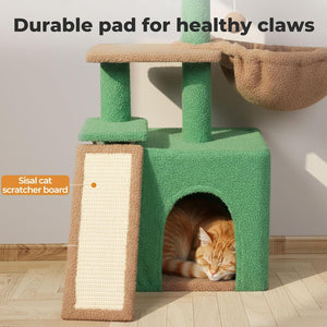 Green cat tree with a scratching post and a cat resting inside on a wooden floor at Pet Servo