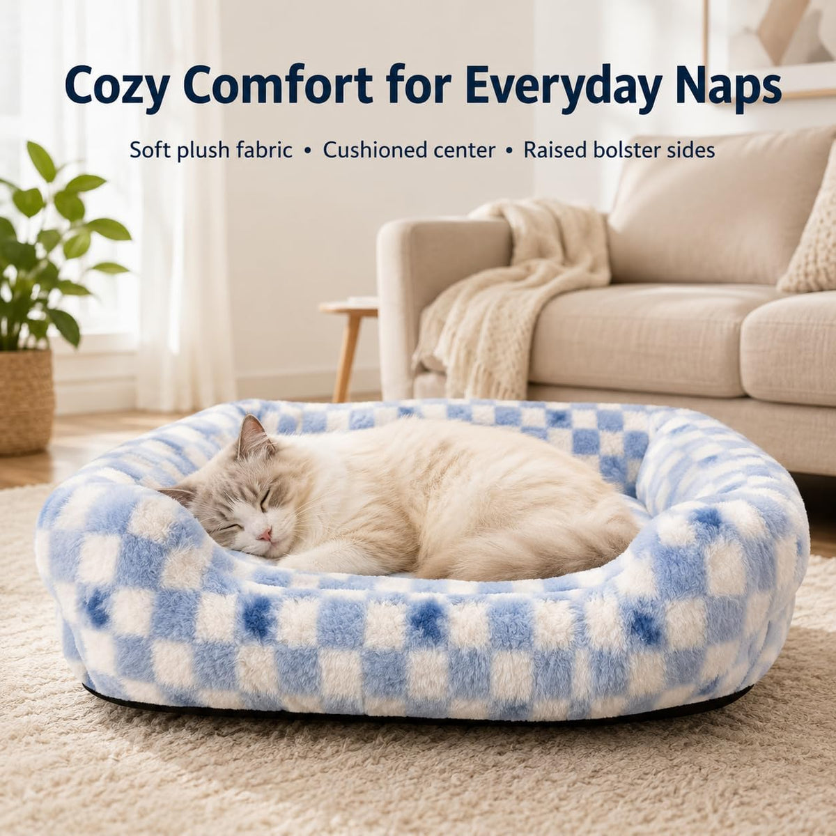 Pbed - Soft Plush Sleeping Bed with Raised Bolster for Small Medium Dogs, Blue at Pet Servo