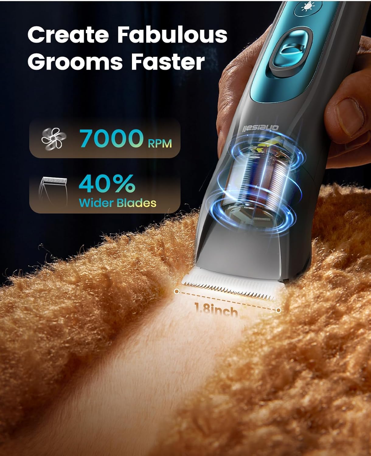 Hair trimmer being used on a person's leg with text highlighting features like RPM and blade width at Pet Servo
