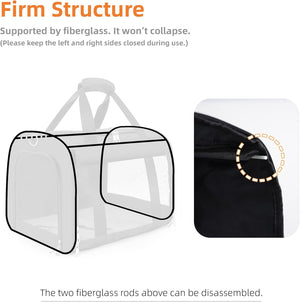 Transparent pet carrier with fiberglass support structure on a white background at Pet Servo