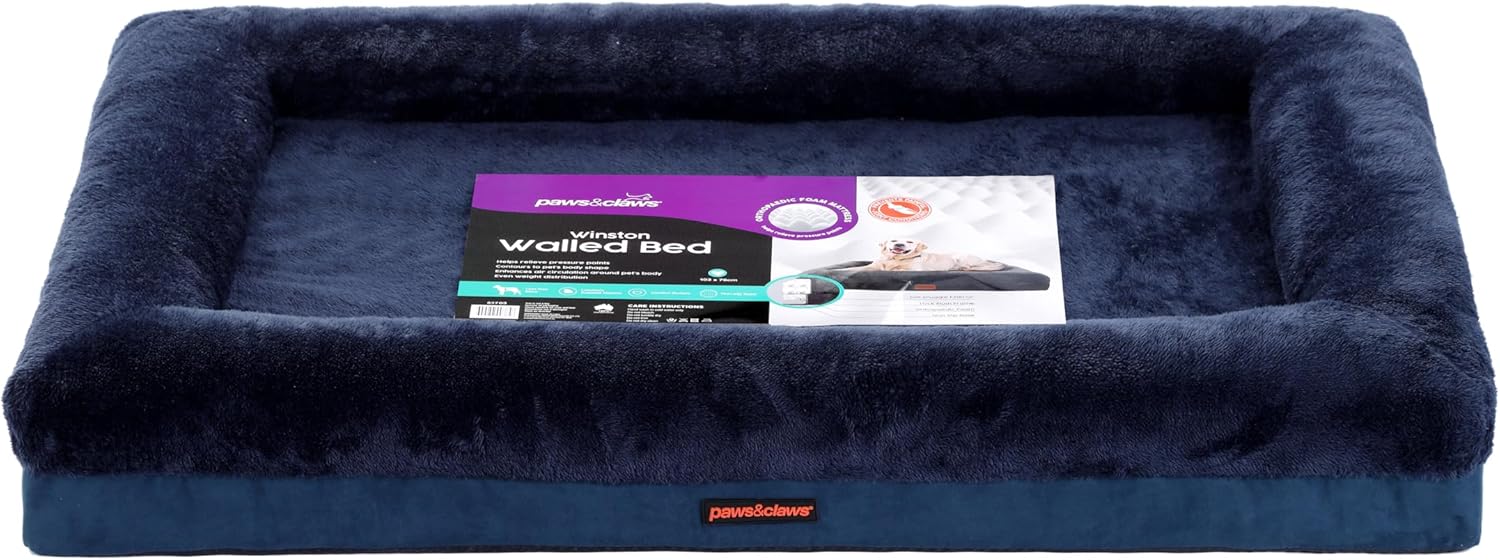 Paws & Claws - Winston Orthopedic Foam Walled Pet Bed, Navy, Large, 103 x 76 x 17 cm