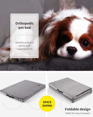 Dog lying on an orthopedic pet bed with text highlighting its benefits and features at Pet Servo