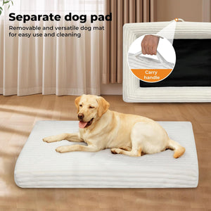 Dog lying on a inflatable dog pad with a carrying handle in the background at Pet Servo