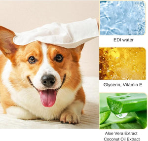 Dog with a towel on its head, surrounded by images of EDI water, Glycerin, Vitamin E, Aloe Vera Extract, and Coconut Oil Extract at Pet Servo