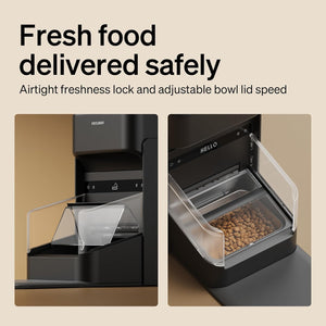 Pet food dispenser with airtight freshness lock and adjustable bowl lid speed feature at Pet Servo