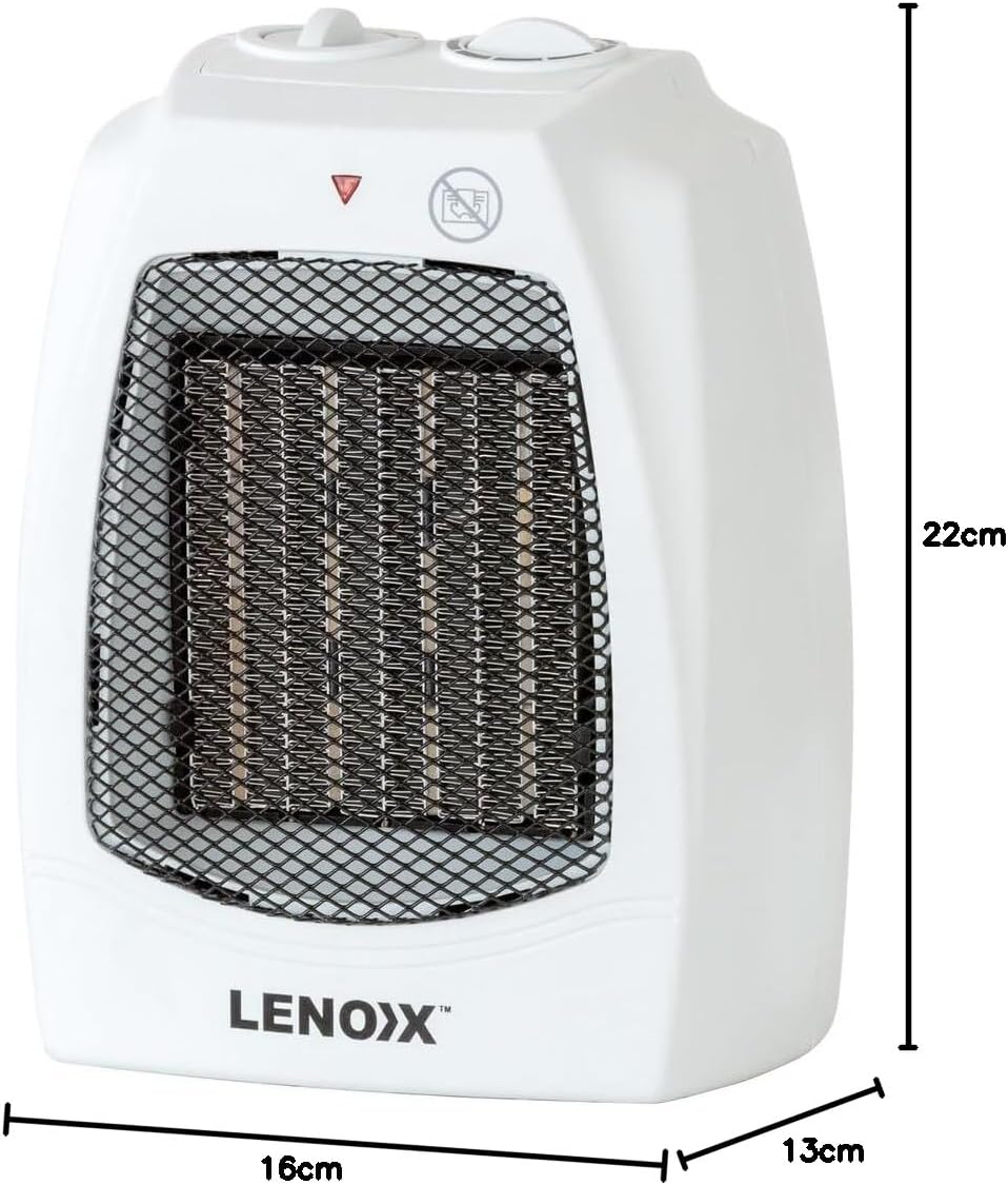 White Lenox electric heater with black front mesh guard and dimension markings showing 16cm width, 13cm depth, and 22cm height on a white background.