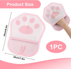 Pink mesh pet pad with paw design and dimensions on a white background at Pet Servo