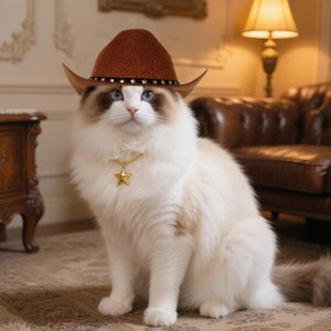 Cat wearing a cowboy hat and star-shaped pendant in an elegant room at Pet Servo
