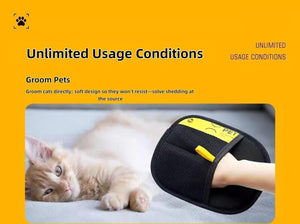 Cat lying next to a grooming tool with a yellow background and text about unlimited usage conditions for pet grooming at Pet Servo