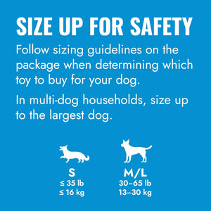 Dog toy size guide with text on a blue background at Pet Servo