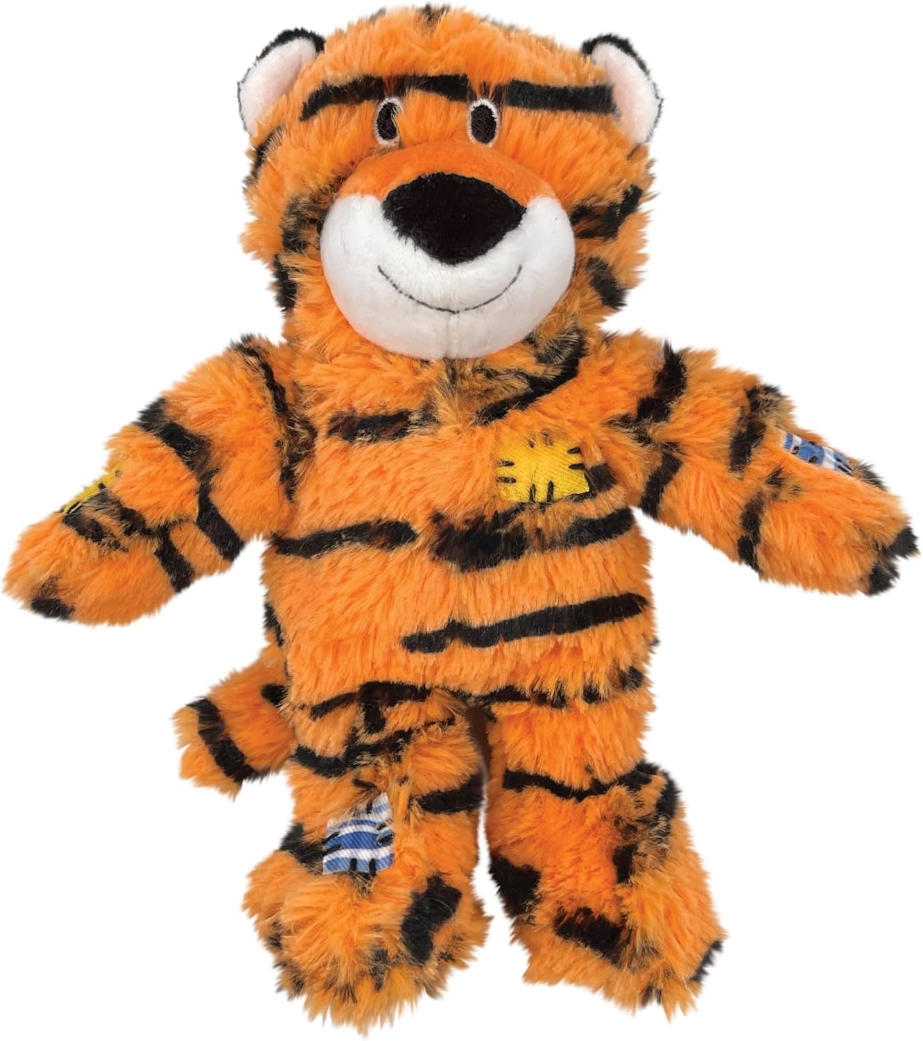 Plush tiger toy with black stripes on a white background at Pet Servo