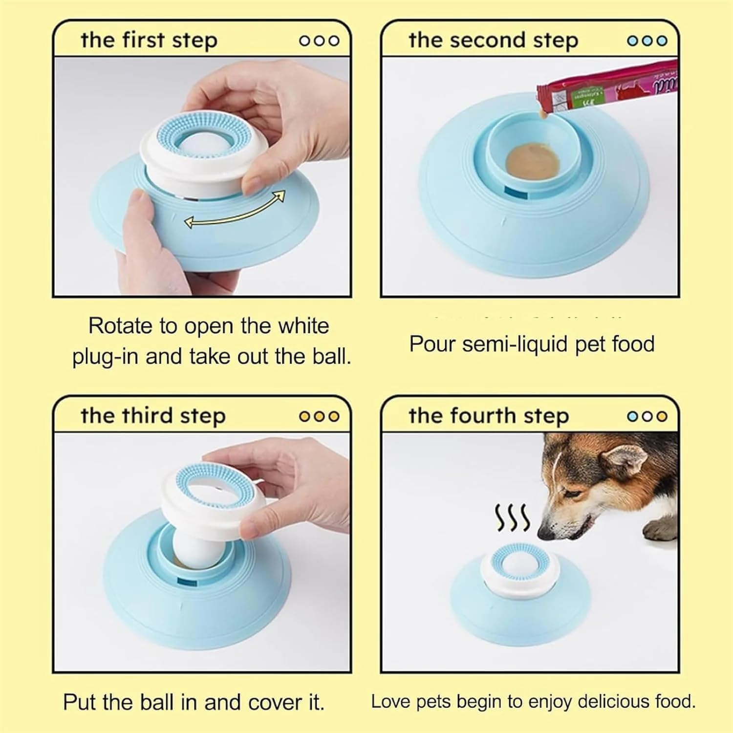 Step-by-step instructions for using a pet food dispenser with images of hands and a dog at Pet Servo