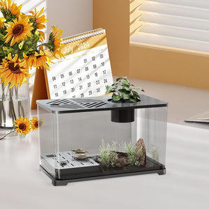 Small terrarium with plants on a desk next to a calendar and sunflowers at Pet Servo