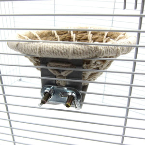 Bird cage perch made of rope attached to a wire cage at Pet Servo