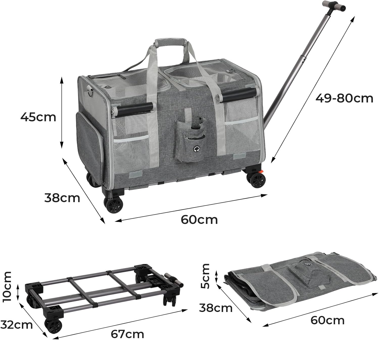 Gray pet carrier and rolling storage bag shown with multiple dimensions and folded configurations on a white background, including measurements for the main bag, frame, and folded pouch at Pet Servo