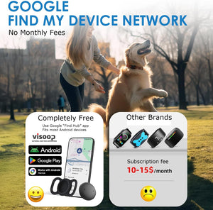 Advertisement comparing Google's 'Find My Device Network' to other brands with subscription fees at Pet Servo