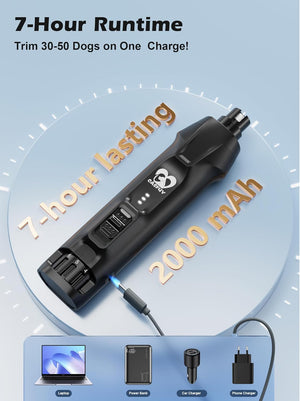 Black electronic device with charging cable on a light blue background, featuring text about runtime and battery capacity at Pet Servo