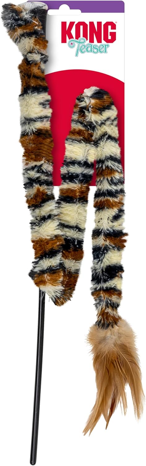 KONG Feaster cat toy with a long black pole and a fuzzy striped tail made of brown, black, and cream faux fur, attached to a red and white hanging card at Pet Servo