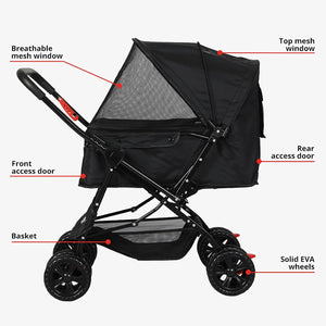 Black stroller with labeled callouts pointing to features such as the breathable mesh window, top mesh window, front access door, rear access door, basket, and solid EVA wheels on a light gray background at Pet Servo