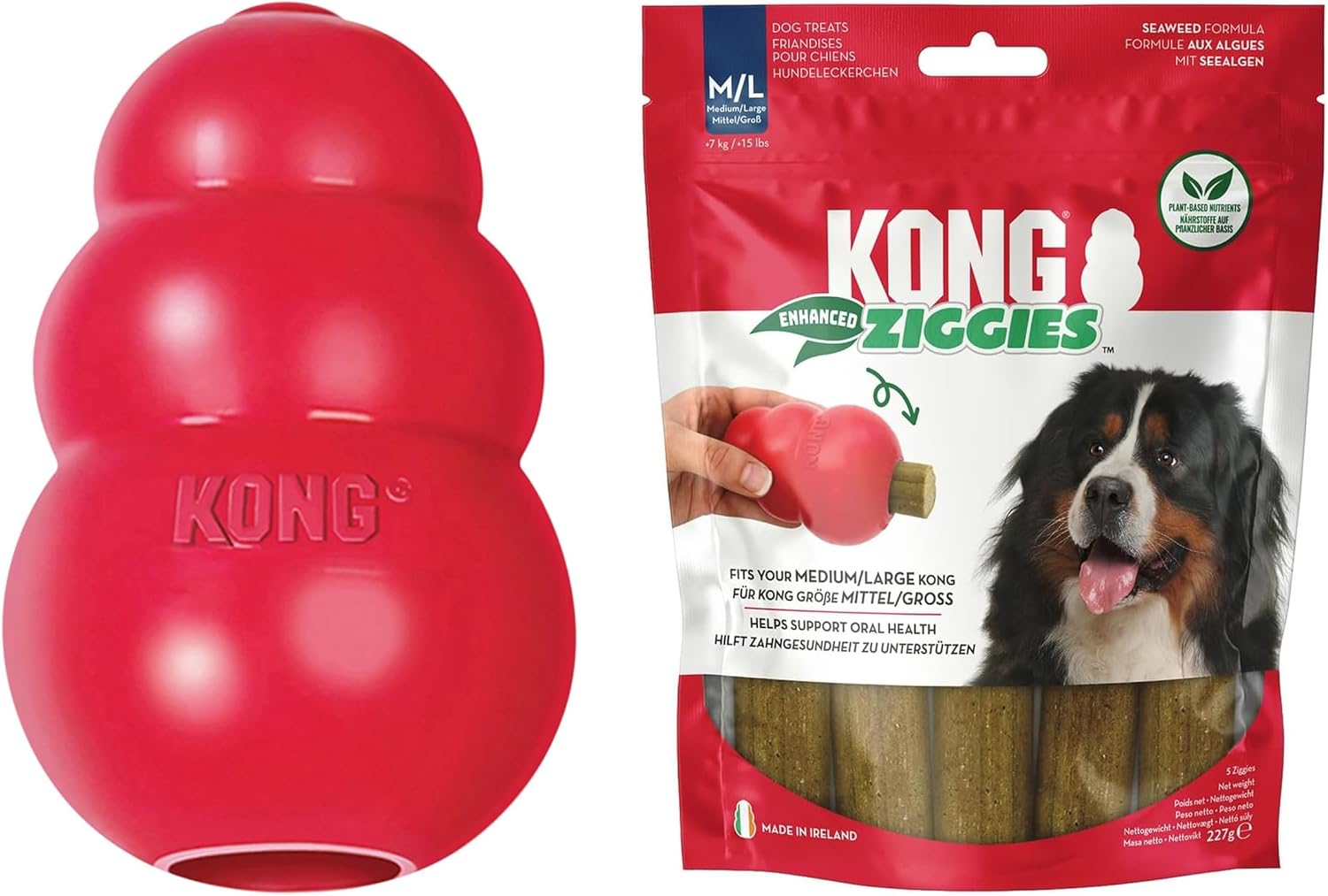 A red Kong dog toy shown next to its retail packaging. The packaging is a red and white bag labeled 'Kong Ziggies' with a photo of a dog on the front and visible wooden treats inside a clear window at Pet Servo