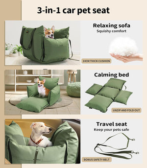 A 3-panel promotional collage for an olive green 3-in-1 car pet seat. The top panel shows the seat with a dog inside, labeled 'Relaxing sofa' and 'Squishy comfort' with '14CM THICK CUSHION at Pet Servo