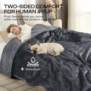 Gray blanket with text 'Two-sided comfort for human & pup' covering a person and a dog on a bed.