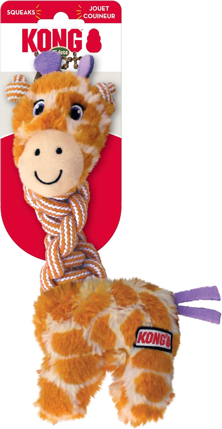 Giraffe-shaped KONG toy with a red packaging background at Pet Servo