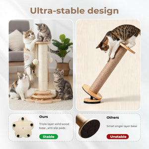 Cat scratching post with multiple cats using it, highlighting stability comparison at Pet Servo